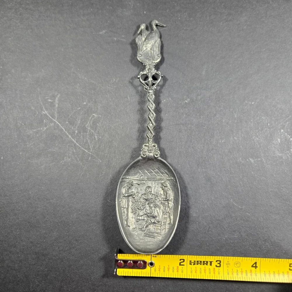 Caddy Spoon Silver Tavern Scene Stork Finial Vintage Style